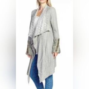 ARATTA SILENT JOURNEY Beaded Cuff Lace Waffle Knit Waterfall Cardigan - Large